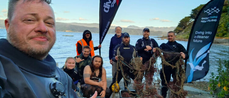 Illegal fishing net retrieval Mahanga Bay New Zealand