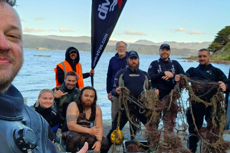 Illegal fishing net retrieval Mahanga Bay New Zealand