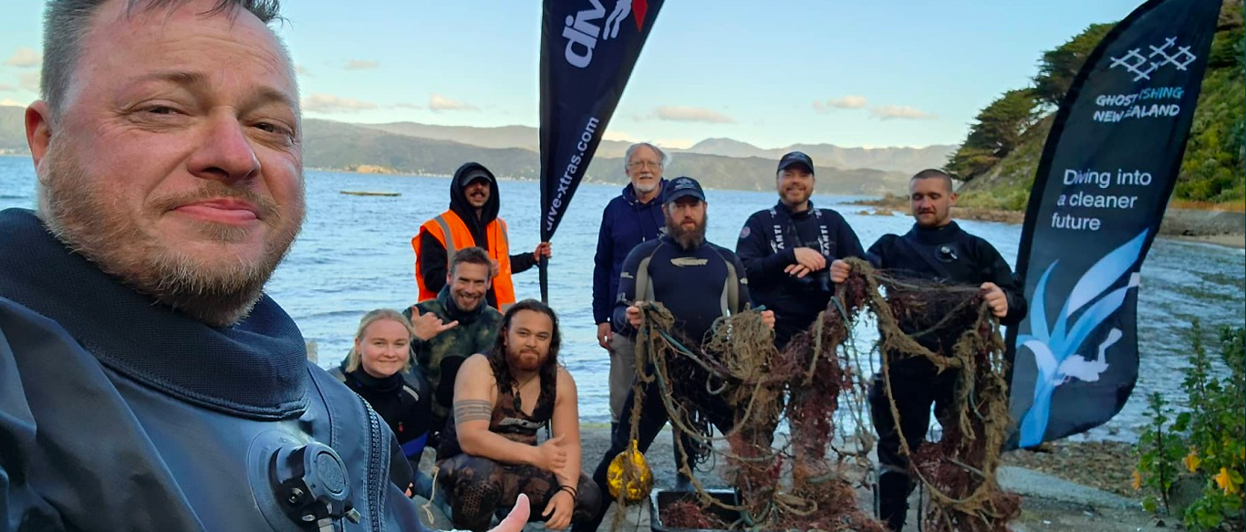 Illegal fishing net retrieval Mahanga Bay New Zealand